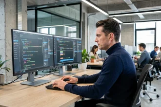Développeur SaaS roumain analysant des tableaux de bord de sécurité des données clients sur deux écrans dans un bureau moderne