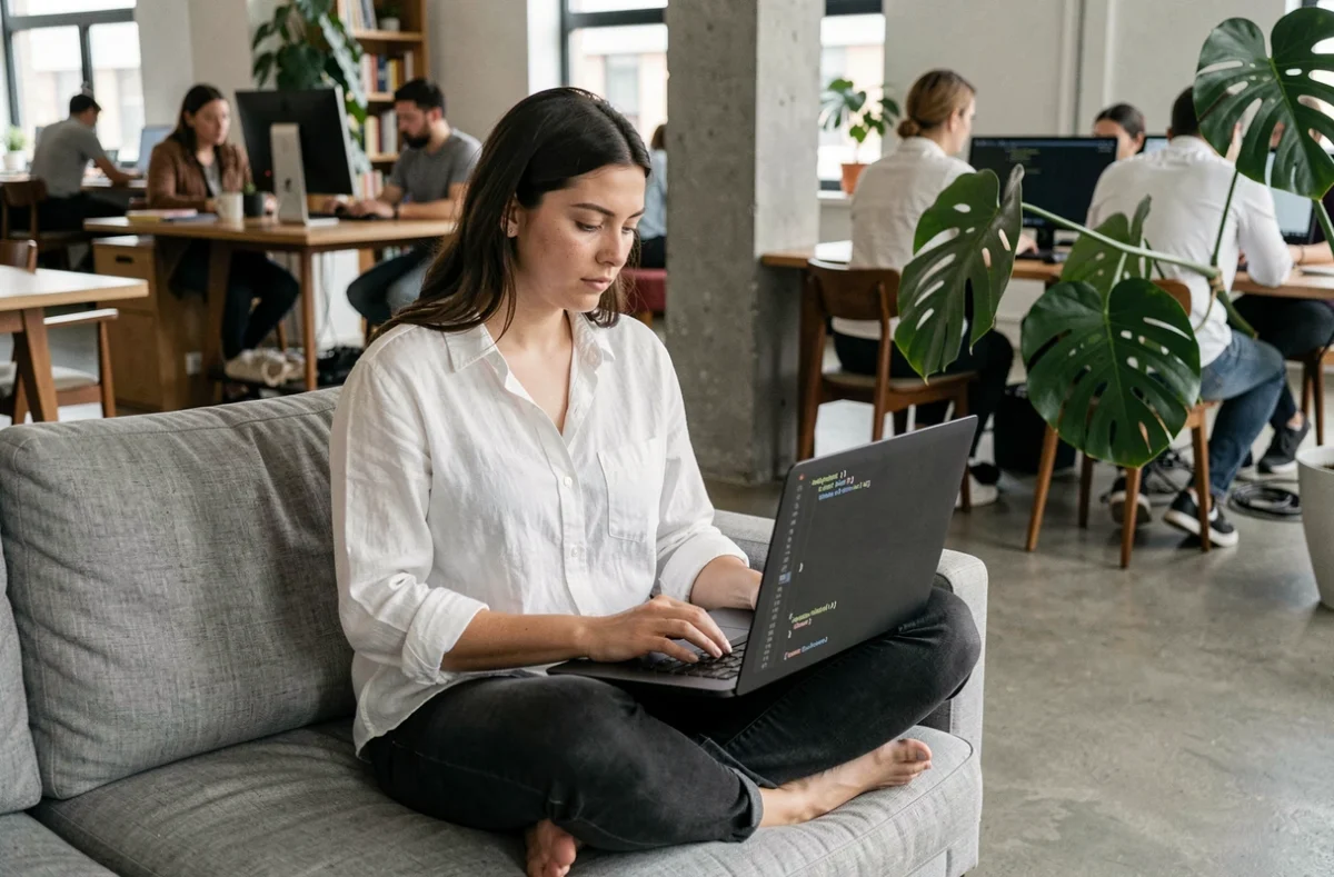 Développeuse freelance Python travaillant sur son laptop dans un espace de coworking contemporain