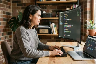 Développeuse web concentrée sur du code CSS de centrage de texte dans un bureau moderne avec mur en brique