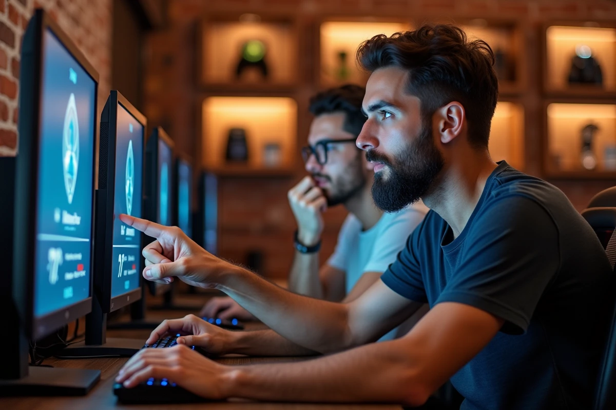 Deux joueurs discutant de la stratégie de reset de rang sur CS2 dans un café gaming, écran avec statistiques de compte