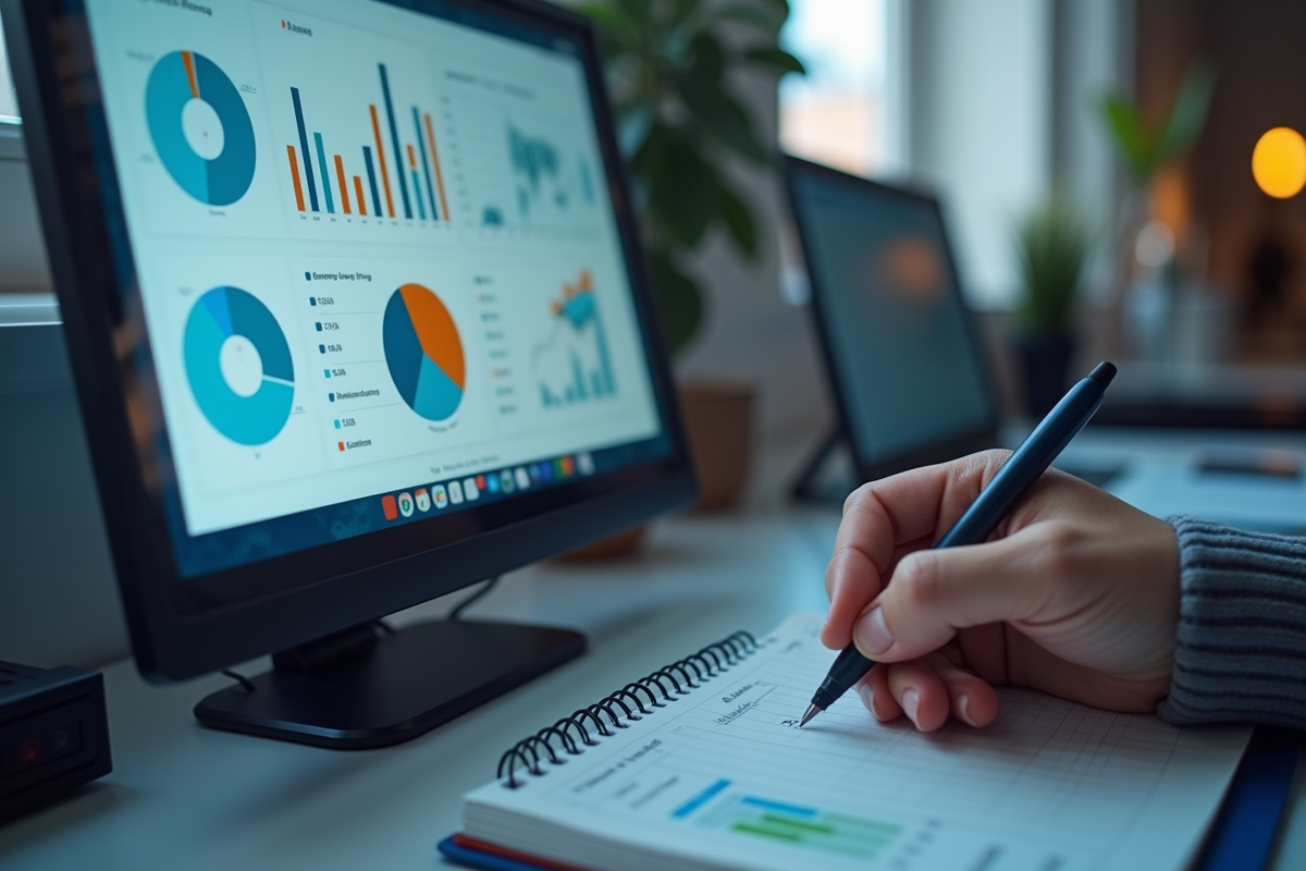 Ecran avec graphiques et une main prenant des notes au bureau
