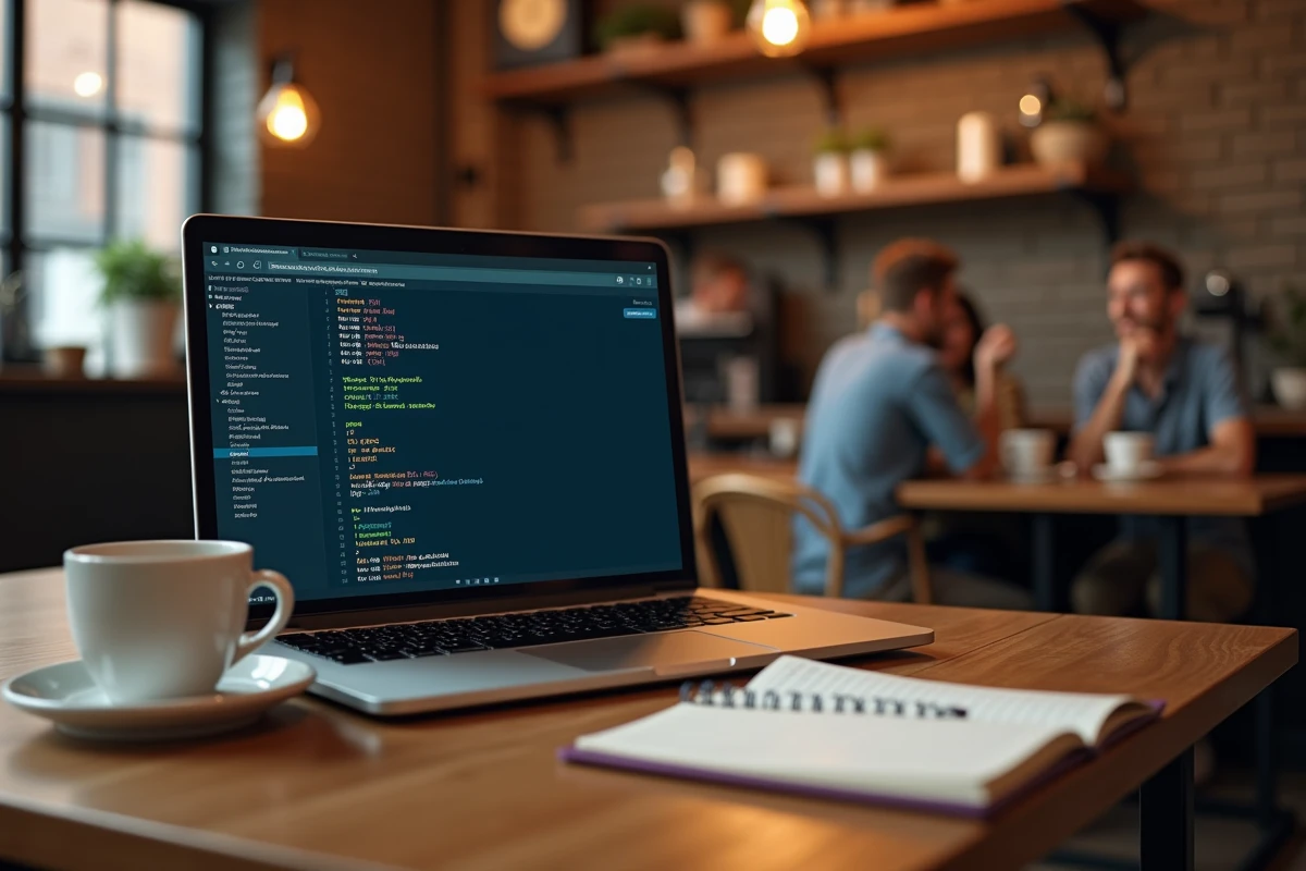Écran d'ordinateur portable affichant une interface de configuration d'adresse IP v4 dans un café