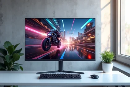 Écran OLED 27 pouces affichant un jeu vidéo fluide à haute fréquence sur un bureau minimaliste blanc en home office