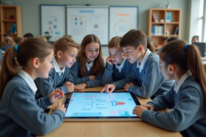 Groupe d'élèves au collège utilisant un écran tactile éducatif