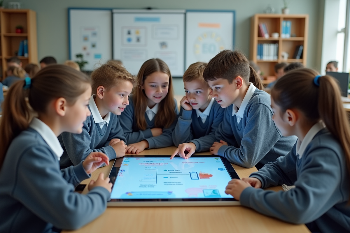 Groupe d'élèves au collège utilisant un écran tactile éducatif
