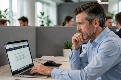 Un employé de bureau frustré devant un message d'erreur sur Outlook dans un navigateur web, illustration d'un problème d'accès à courriel.aphp.fr