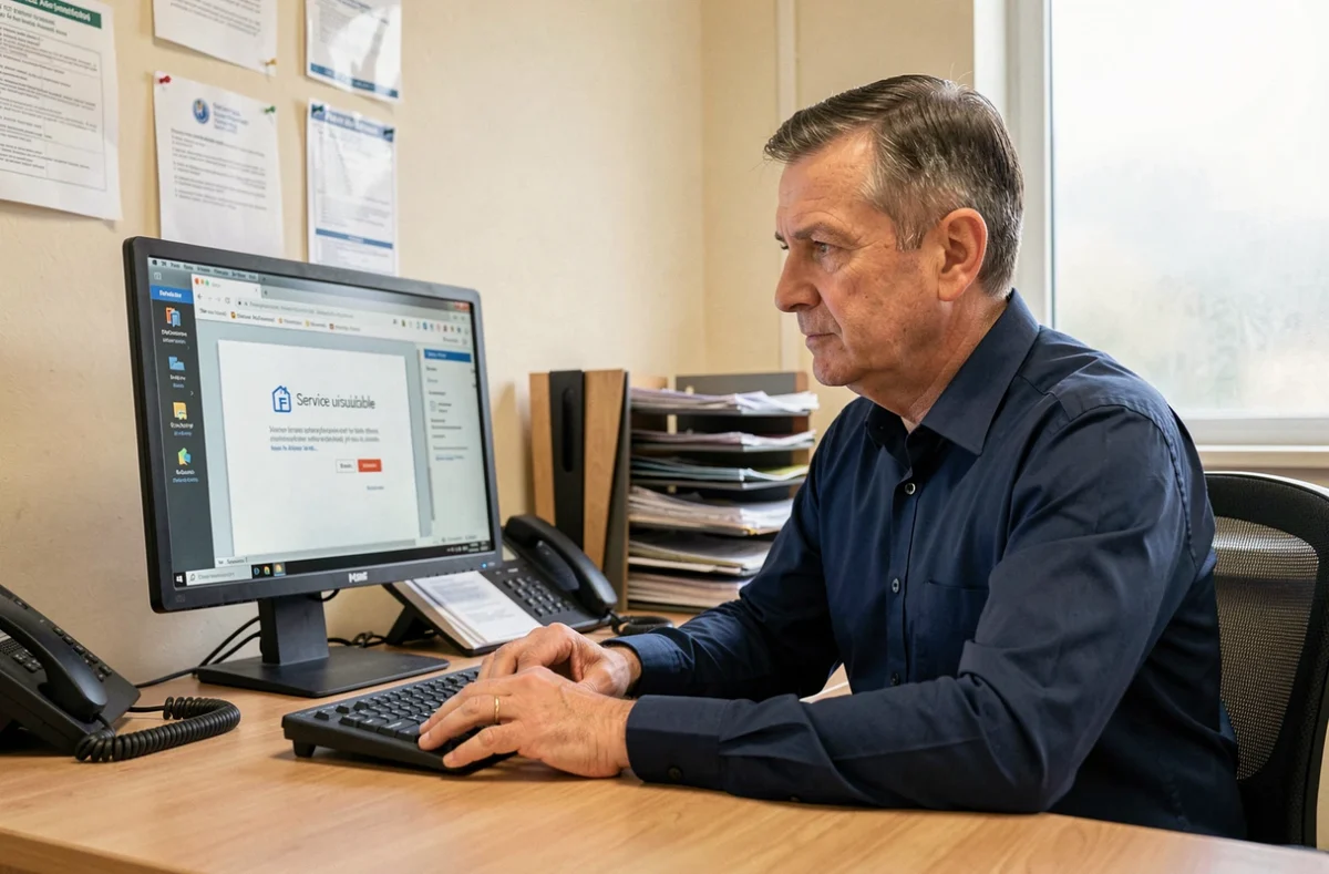 Enseignant consultant une page d'erreur de service sur un ordinateur de bureau dans une salle administrative scolaire