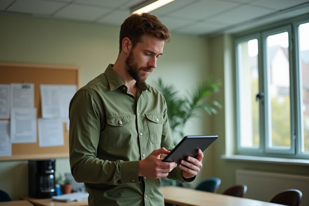 Enseignant du primaire utilisant une tablette pour accéder aux ressources Dsden 33 en salle des professeurs