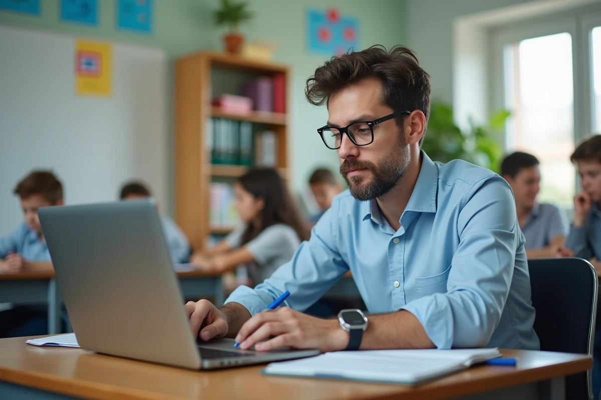 Professeur en classe regardant son ordinateur