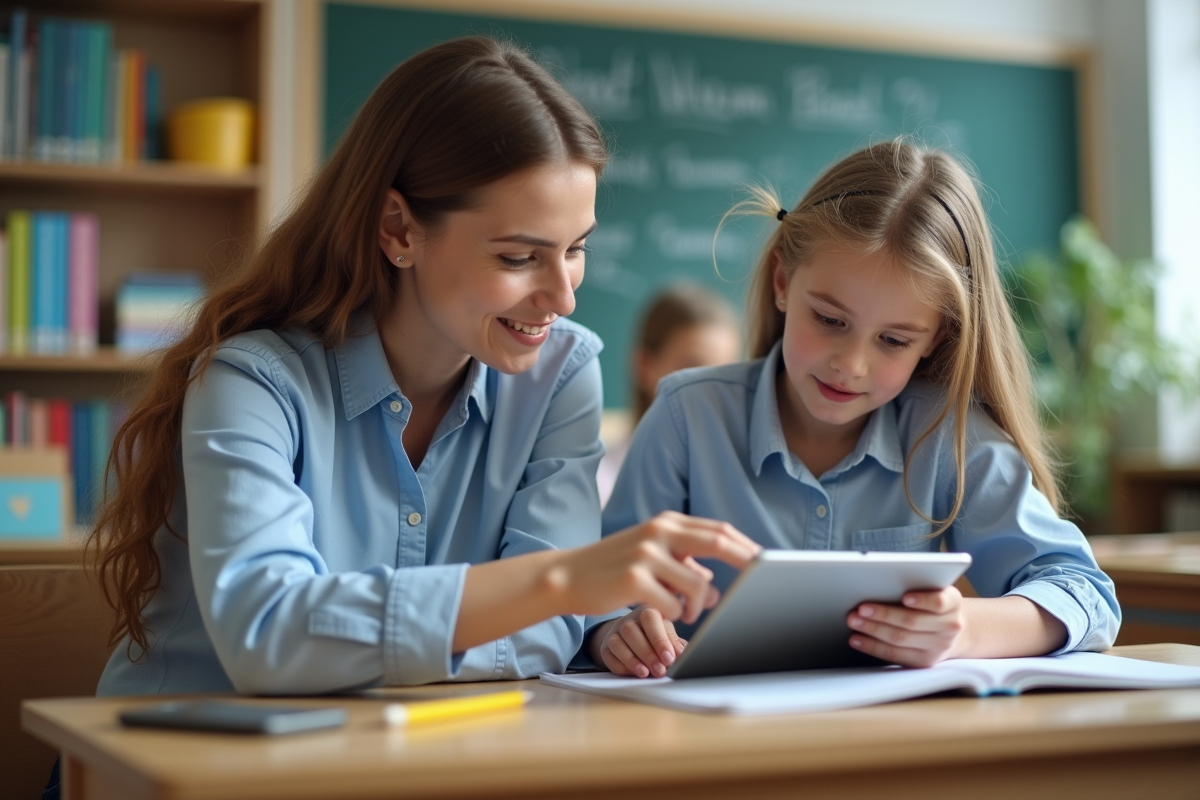 Professeure aidant un élève avec une tablette en classe