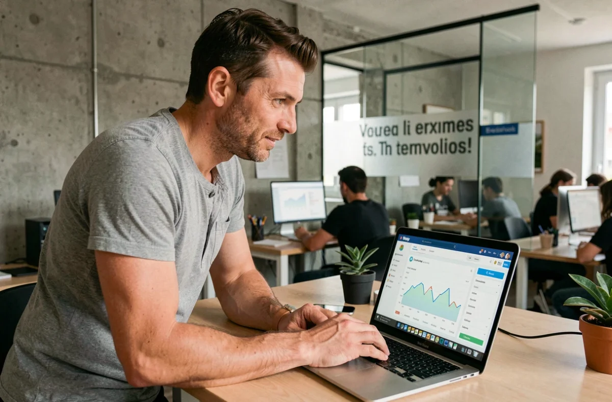 Entrepreneur analysant les performances de conversion de son e-commerce sur un laptop dans un espace de coworking français