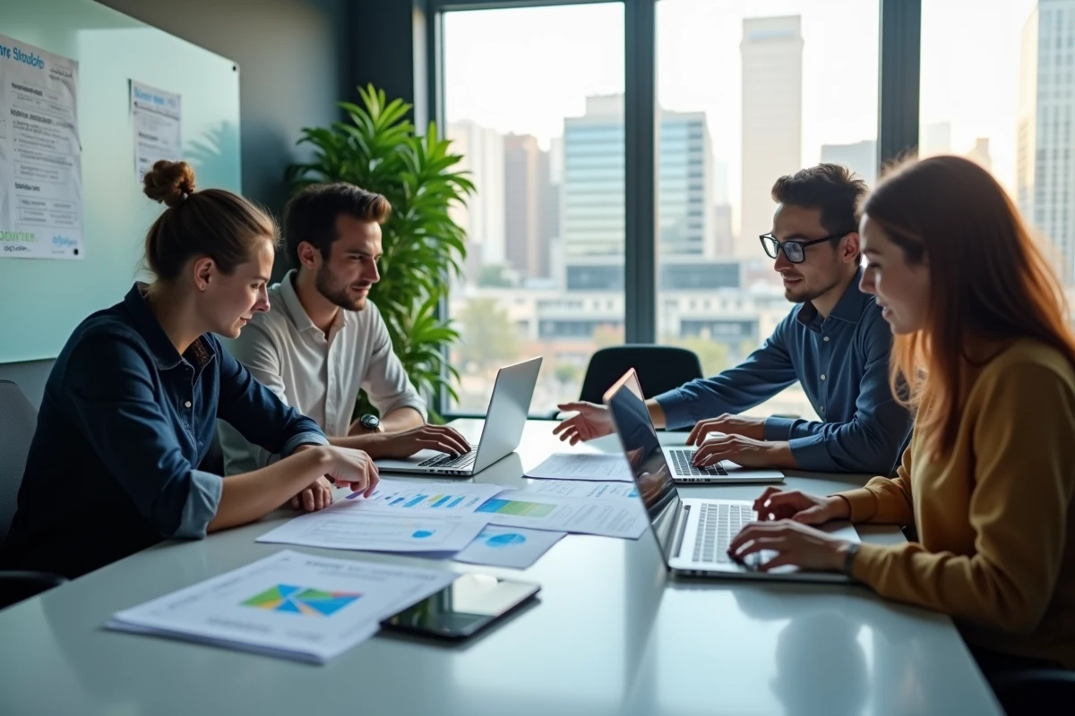 Équipe marketing en réunion pour comparer les alternatives et les prix de logiciels d'emailing professionnels