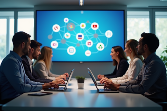 Groupe de professionnels discutant logos réseaux sociaux en réunion