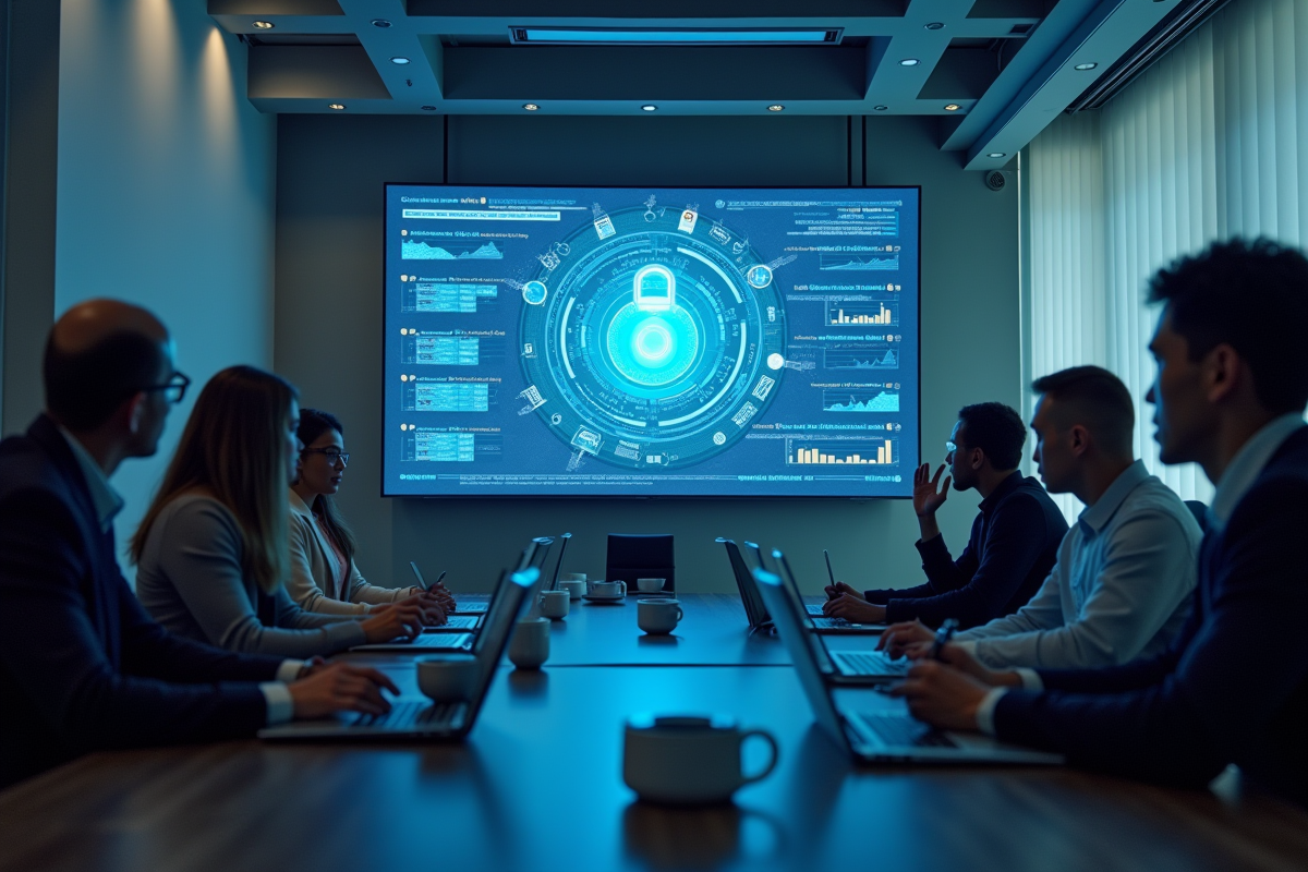 Equipe de professionnels en réunion avec écran de cybersécurité
