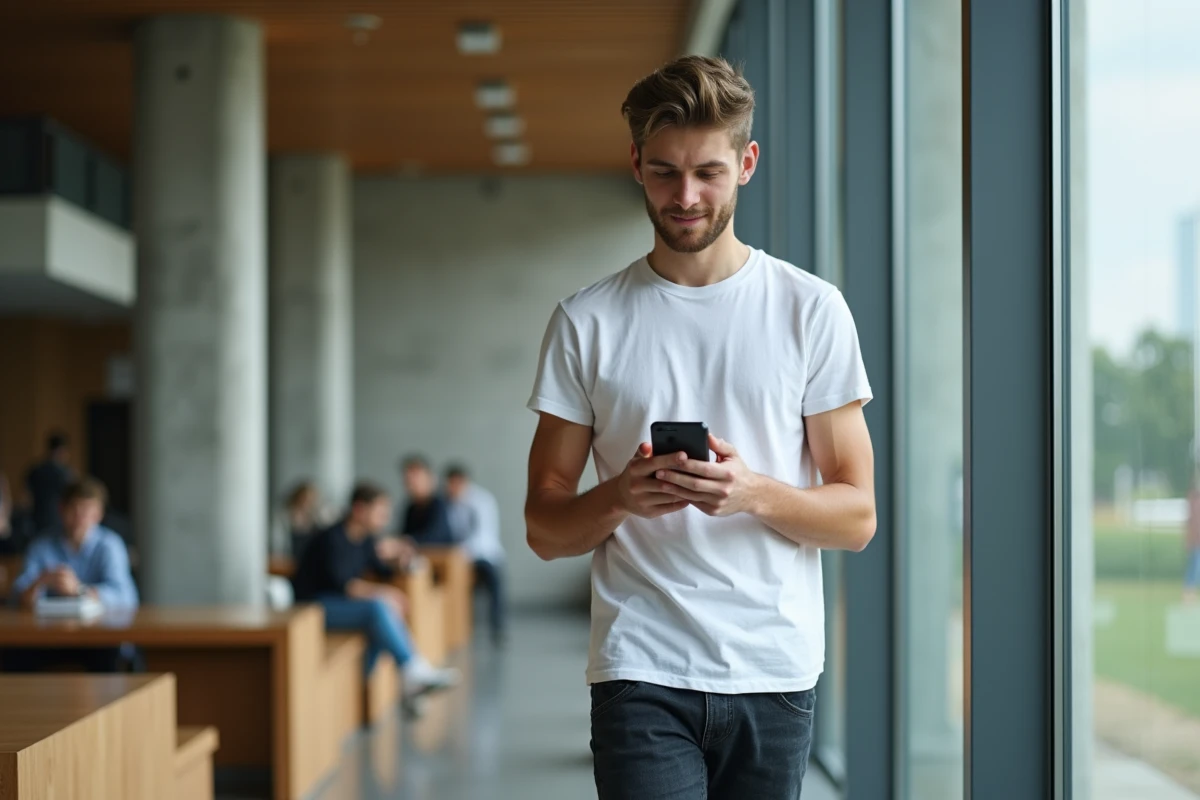 Étudiant accédant aux services de l'intranet Lyon 3 depuis son smartphone sur le campus