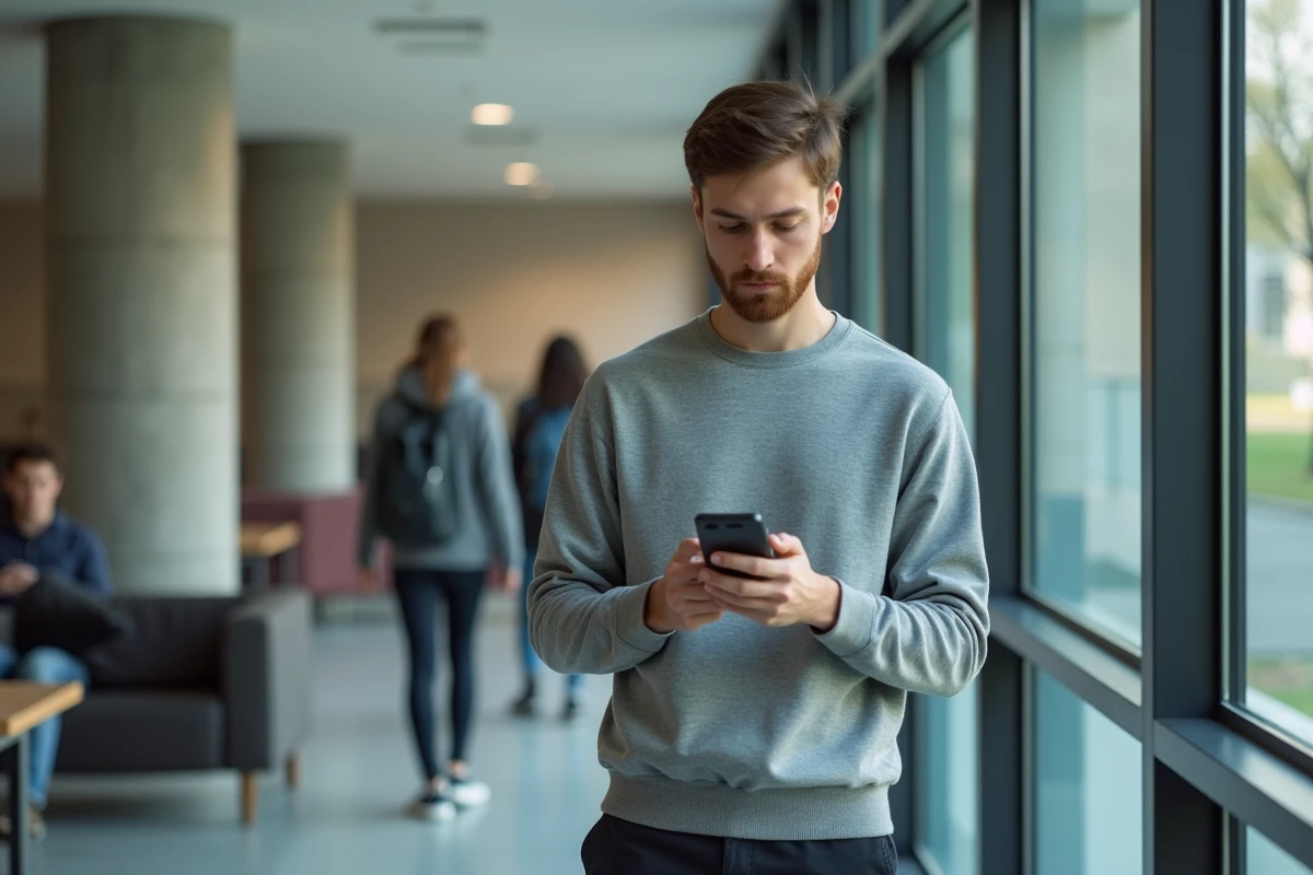 Nouvel étudiant consultant ses emails universitaires sur smartphone dans un espace commun du campus