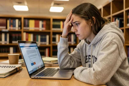 Étudiante frustrée devant un message d'erreur sur son ordinateur portable dans une bibliothèque universitaire