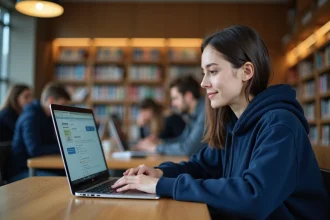 Étudiante connectée à l'intranet de l'université Lyon 3 depuis la bibliothèque universitaire
