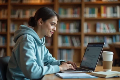 Étudiante consultant son webmail université sur un ordinateur portable dans une bibliothèque universitaire