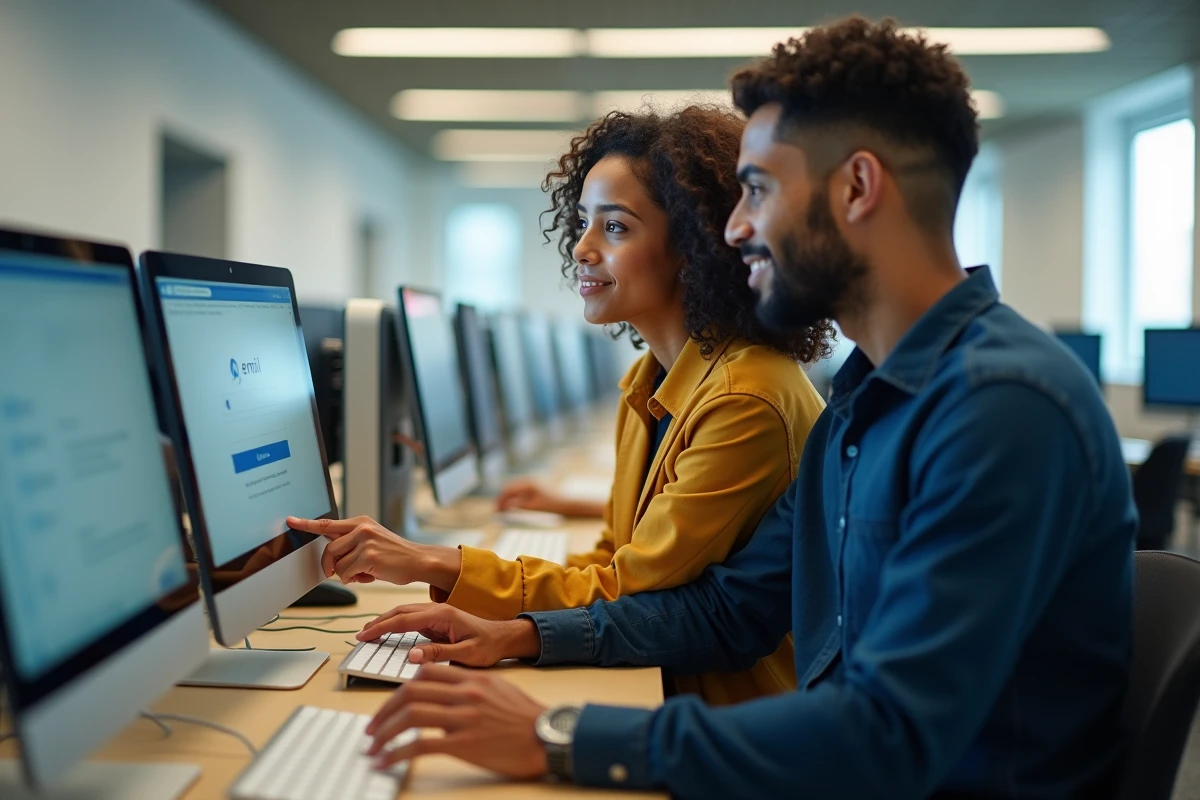 Deux étudiants configurant ensemble le webmail de l'université de Nantes dans une salle informatique