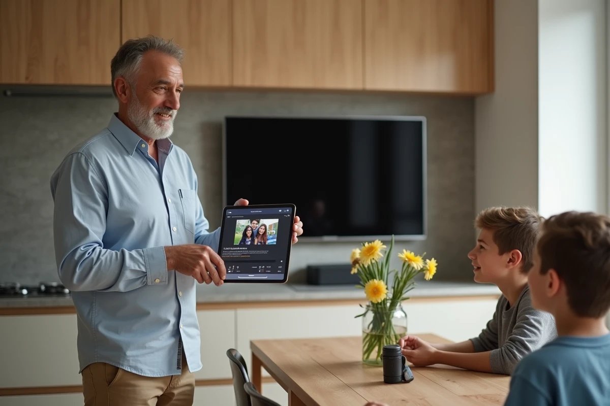 Famille regardant la TV en utilisant une tablette dans une cuisine moderne