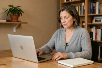 Femme d'une quarantaine d'années consultant son ordinateur portable pour trouver de l'aide sur une plateforme en ligne depuis son bureau à domicile