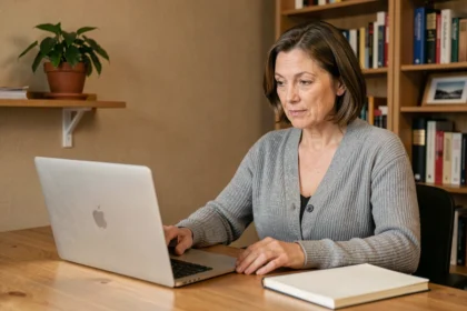 Femme d'une quarantaine d'années consultant son ordinateur portable pour trouver de l'aide sur une plateforme en ligne depuis son bureau à domicile