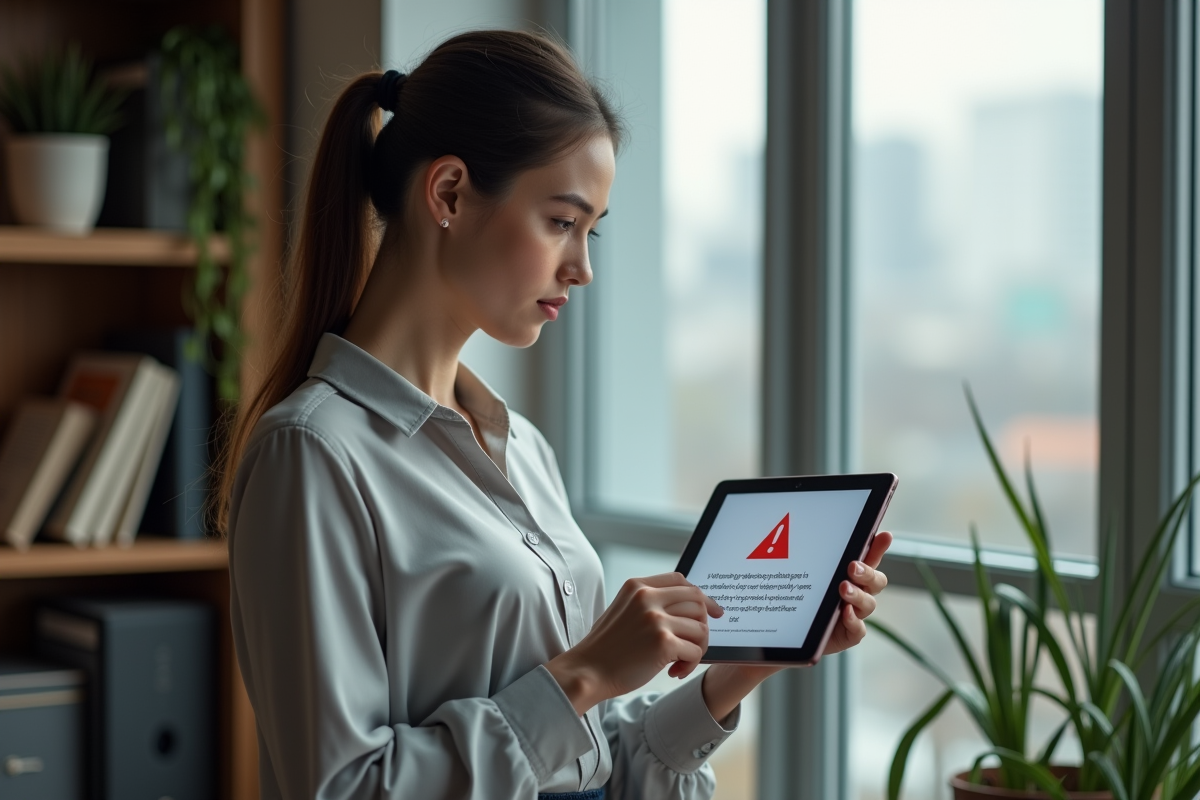 Jeune femme alertée par une alerte de phishing sur sa tablette