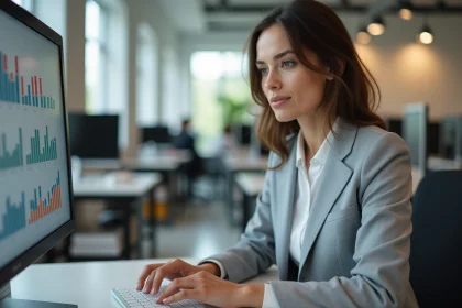 Femme professionnelle analysant des pourcentages cumulés sur un tableau Excel affiché sur un écran d'ordinateur de bureau