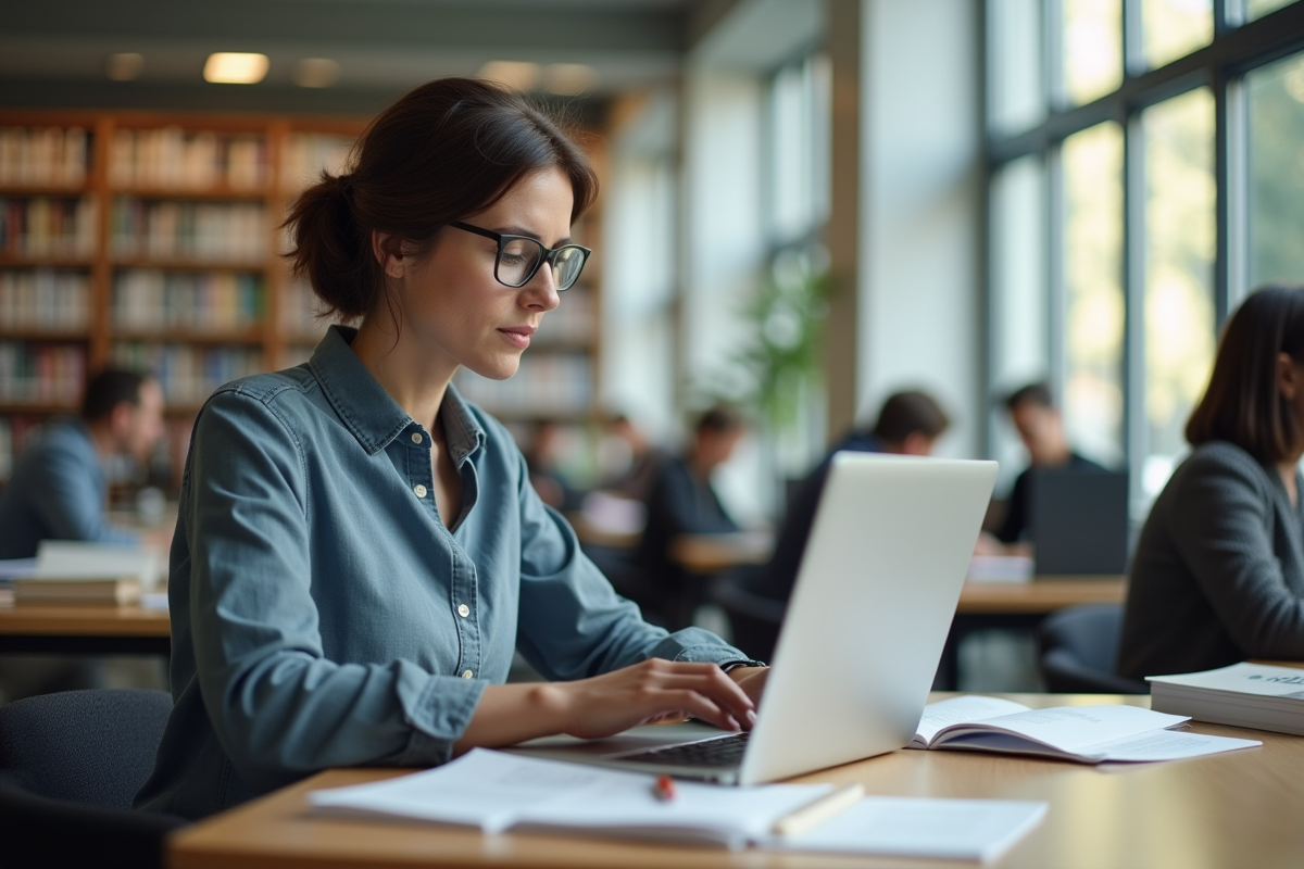 Femme d age moyen travaillant en bibliothèque