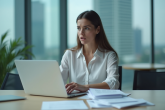 Jeune femme surprise au bureau avec document glissant