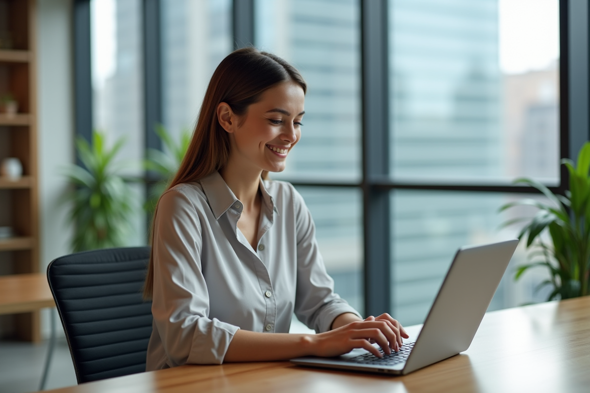 Femme professionnelle souriante au bureau avec ordinateur