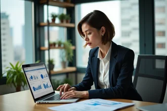 Femme utilisant un ordinateur portable dans un bureau moderne