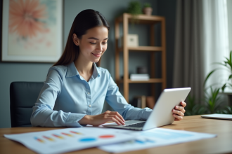Jeune femme d'affaires examine des graphiques colorés et une tablette