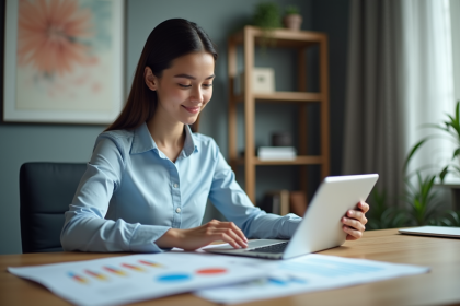 Jeune femme d'affaires examine des graphiques colorés et une tablette