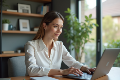 Femme en tenue professionnelle travaillant à son bureau à domicile