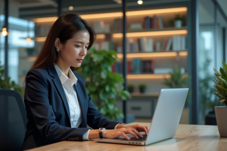 Femme d affaires travaillant sur son ordinateur avec publicité personnalisée