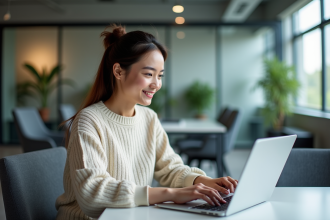 Femme au bureau naviguant sur un site internet