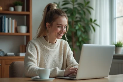 Jeune femme au bureau avec notifications WhatsApp Web