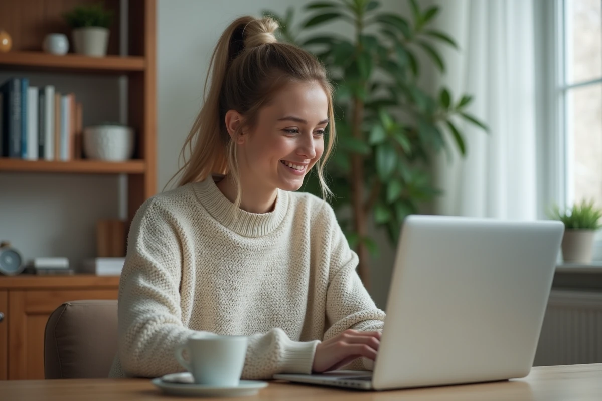 Jeune femme au bureau avec notifications WhatsApp Web