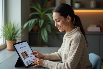 Jeune femme au bureau avec tablette pour article sur contenu utilisateur