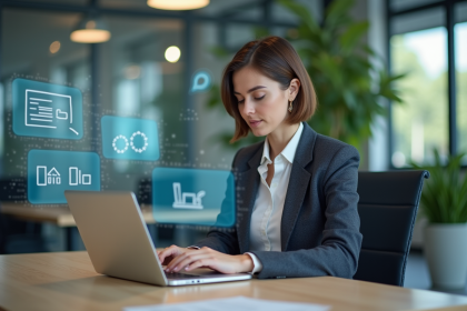 Femme professionnelle au bureau utilisant un ordinateur