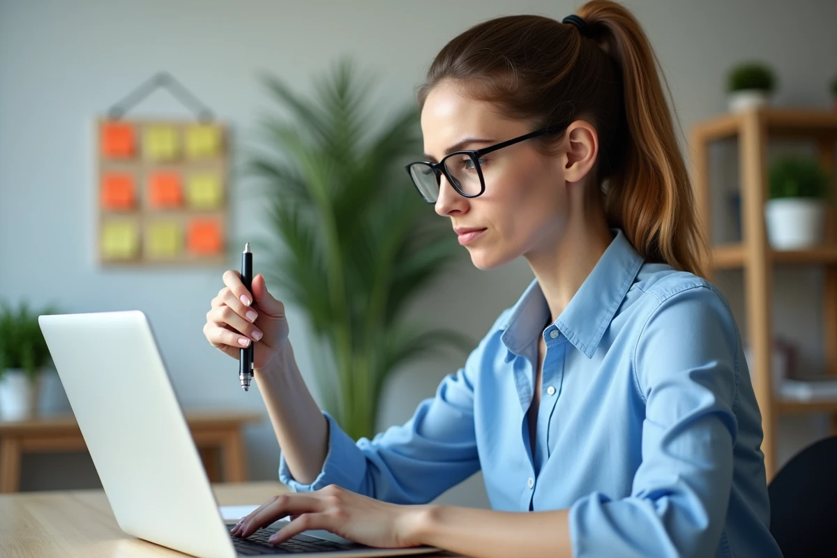 Femme en bureau moderne travaillant sur un ordinateur portable