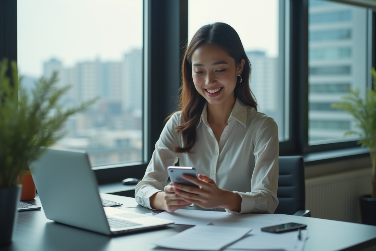 Jeune femme souriante utilisant son smartphone au bureau