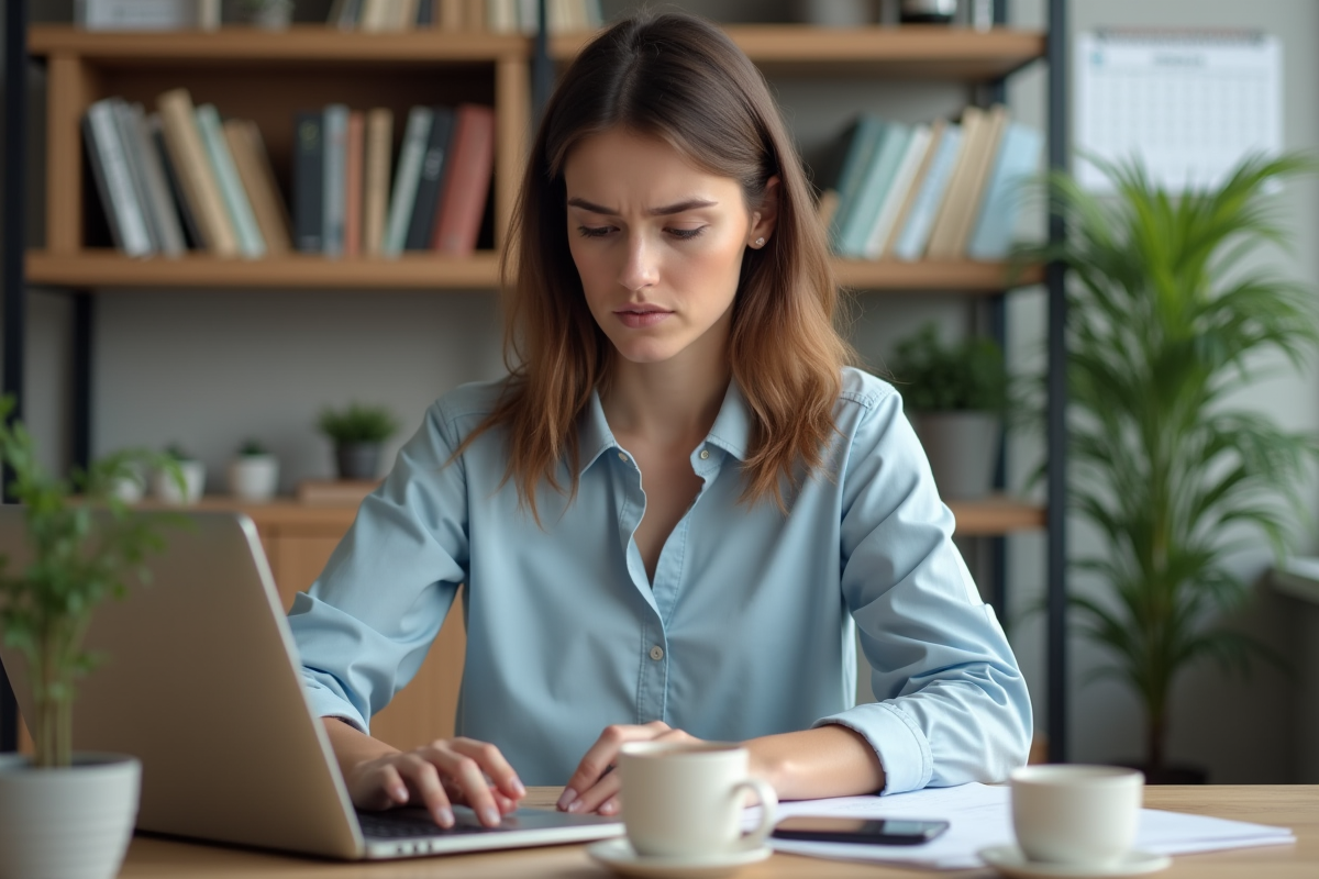 Femme concentrée travaillant sur son ordinateur dans un bureau à domicile