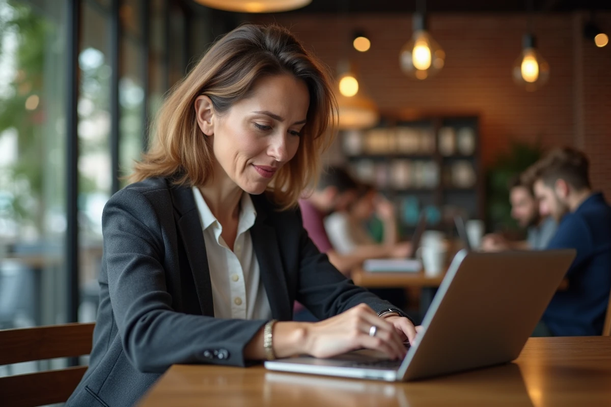 Femme d age moyenne examine une tablette au cafe