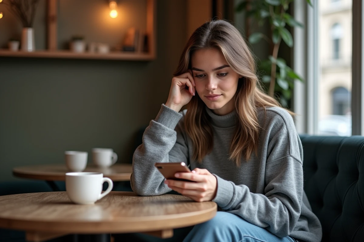 Jeune femme au caf&eacute; utilisant son smartphone pour une r&eacute;cup&eacute;ration