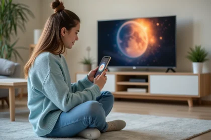 Jeune femme utilisant un iPhone pour caster une vid&eacute;o sur la TV dans un salon scandinave