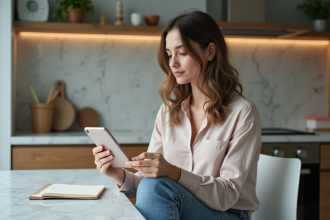 Jeune femme en cuisine avec smartphone et carnet
