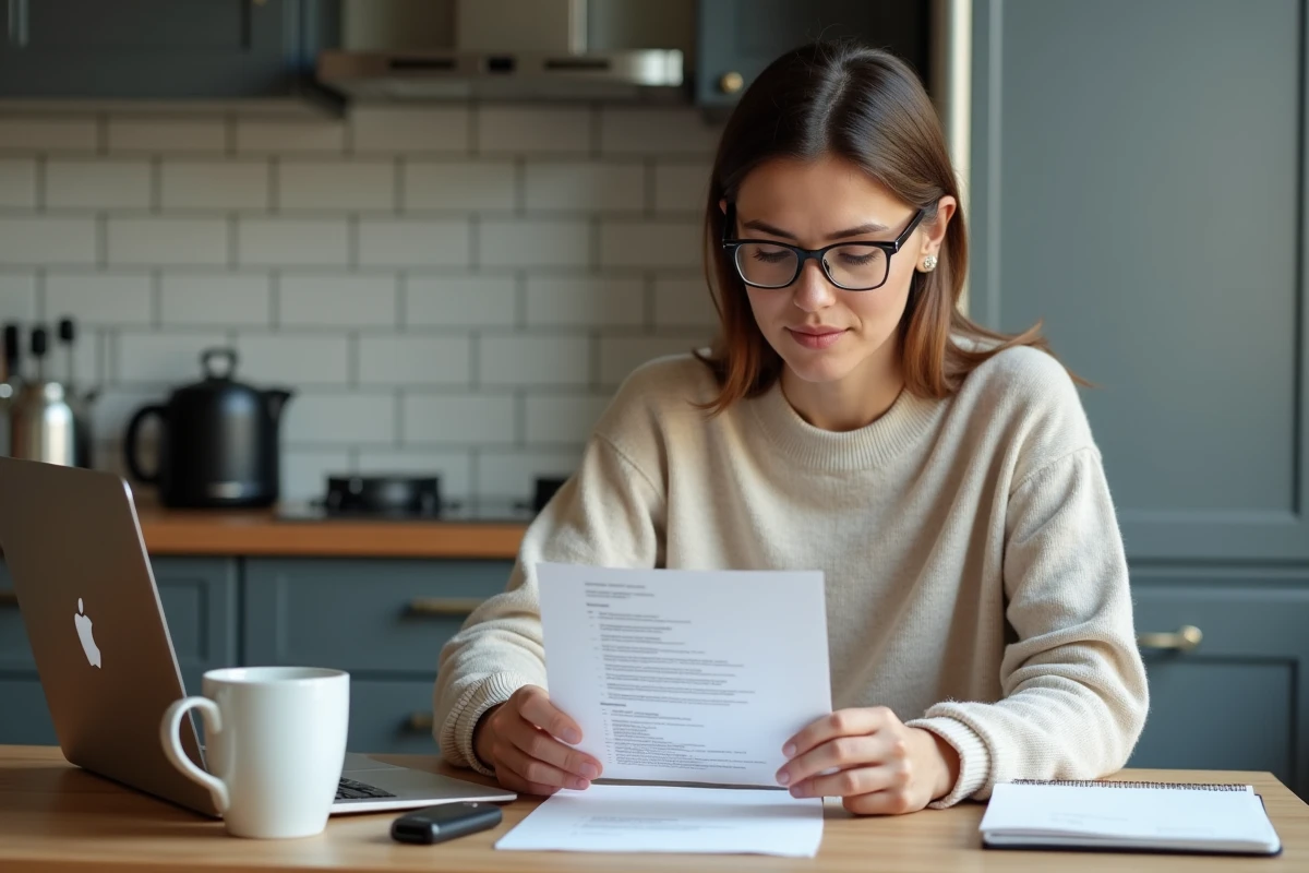 Femme v&eacute;rifiant une checklist dans une cuisine moderne